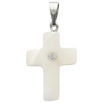 Croix de cou en coquille naturelle avec zircon au centre, H. 2 cm