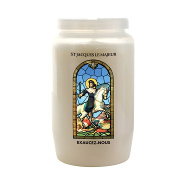 Veilleuse blanche 3 jours avec image vitrail de saint, hauteur 9,7 cm Ø 5.8 cm..