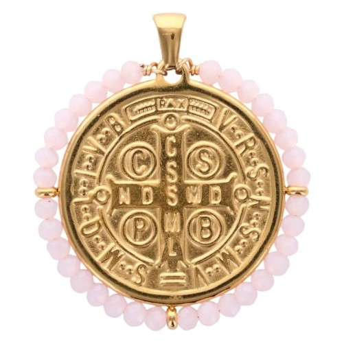 Médaille de Saint Benoit en acier inoxydable doré supérieur avec grains en verre de différentes couleurs, Ø 3 cm.