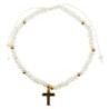 Bracelet sur corde réglable grains blancs a facettes, Ø 4 mm avec croix métal.
