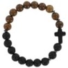 Bracelet sur élastique grains bois et pierre assortie Ø 8 mm avec croix, LOT DE 5 ASSORTIS