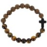 Bracelet sur élastique grains bois et pierre assortie Ø 8 mm avec croix, LOT DE 5 ASSORTIS