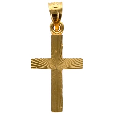 Croix de cou striée en plaqué or H. 1,4 cm. Livrée en boite.