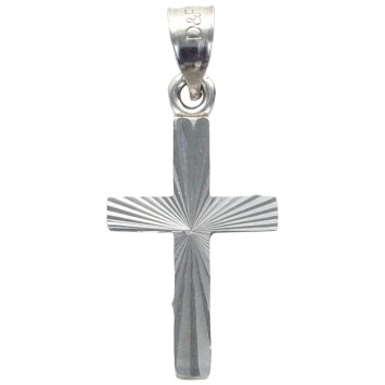 Croix de cou striée en argent 925 °/°° rhodié H 1.7 cm (0.8 g). Livrée en boite..