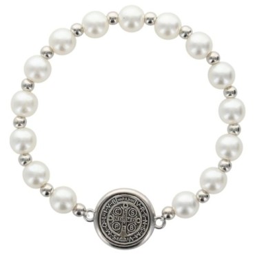 Bracelet sur élastique avec médaille de St Benoit argentée