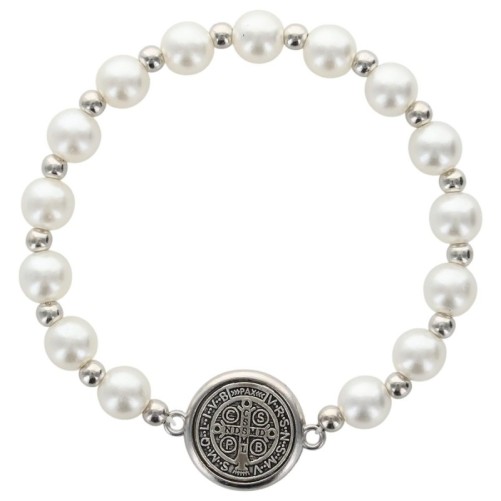 Bracelet sur élastique avec médaille de St Benoit argentée
