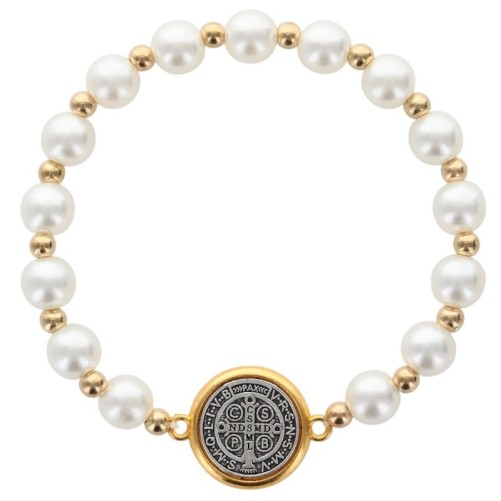 Bracelet sur élastique avec médaille de St Benoit dorée