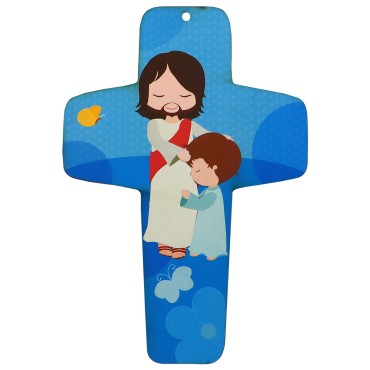 Croix enfantine en bois compressé, image collée, H. 13 cm, différentes représentations.