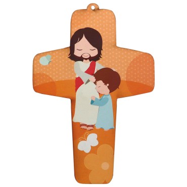 Croix enfantine en bois compressé, image collée, H. 13 cm, différentes représentations.