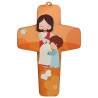 Croix enfantine en bois compressé, image collée, H. 13 cm, différentes représentations.