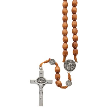 Chapelet de St Benoit sur corde grains bois ovale Ø 9 mm avec croix