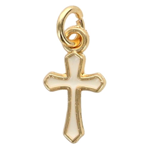 Pendentif croix en laiton doré H. 1 cm. Différentes couleurs de résine