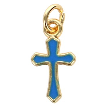Pendentif croix en laiton doré H. 1 cm. Différentes couleurs de résine