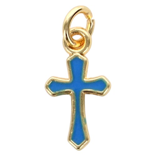 Pendentif croix en laiton doré H. 1 cm. Différentes couleurs de résine