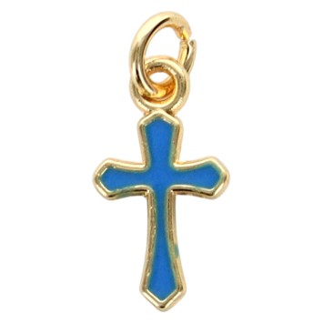 Pendentif croix en laiton doré H. 1 cm. Différentes couleurs de résine
