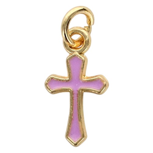 Pendentif croix en laiton doré H. 1 cm. Différentes couleurs de résine