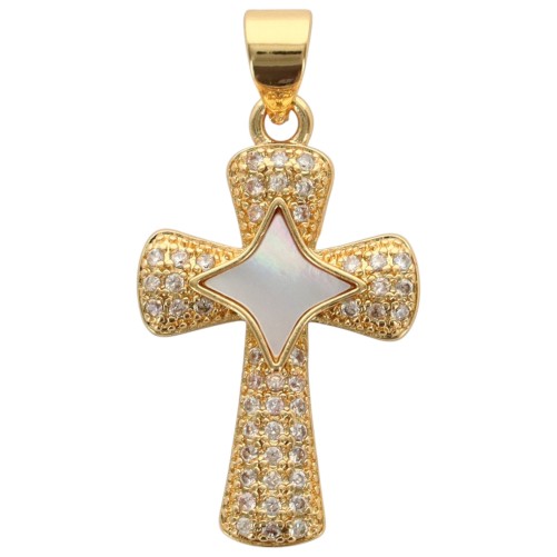 Croix en laiton doré, étoile en coquille et pierre OZ H. 2.2 cm