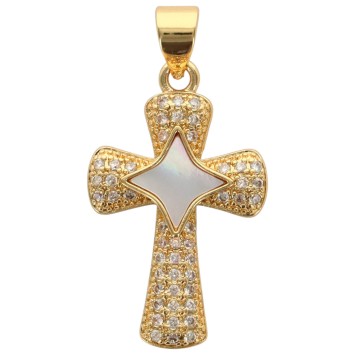 Croix en laiton doré, étoile en coquille et pierre OZ H. 2.2 cm