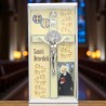 Croix de saint Benoit en metal couleur argentee emaille, hauteur 20 cm..