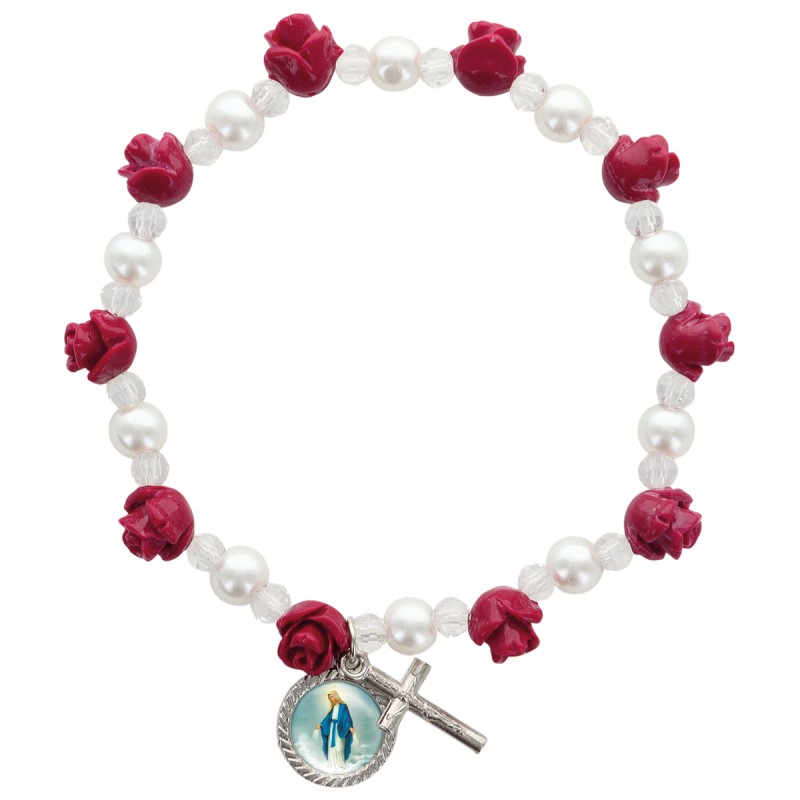 Bracelet dizainier, grains roses 8 mm, grains nacrés blancs 6 mm, croix et médaille.