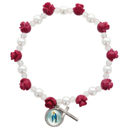 Bracelet dizainier, grains roses 8 mm, grains nacrés blancs 6 mm, croix et médaille.
