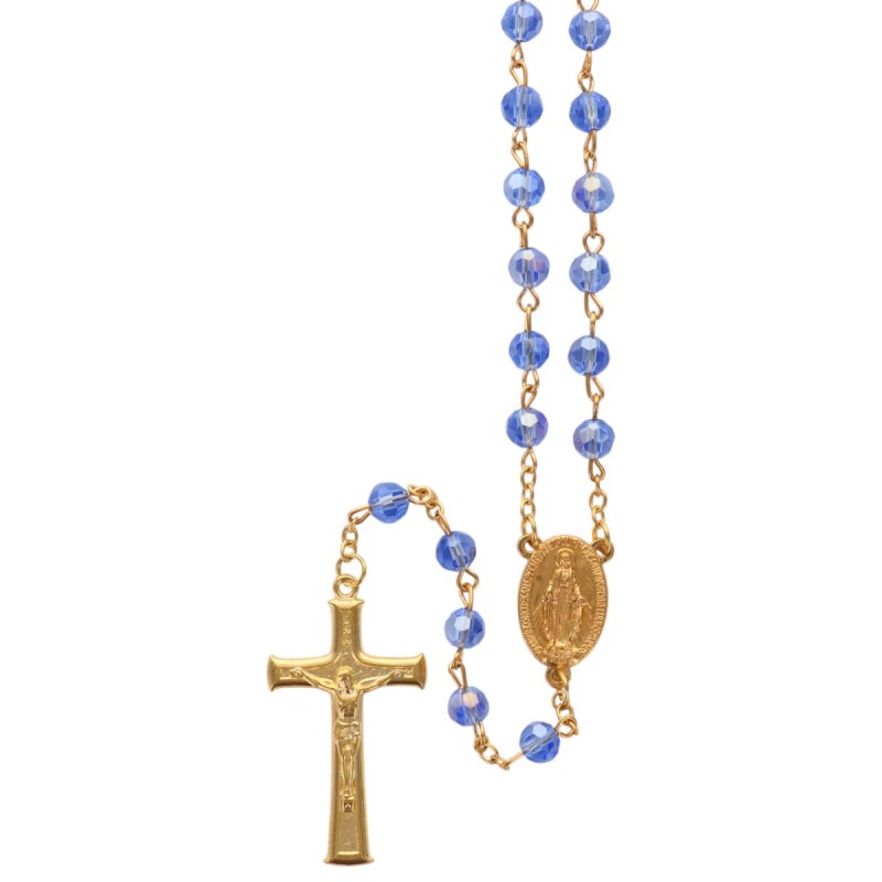 Chapelet chaîne dorée, grains facettés semi-cristal 7 mm, croix avec Christ, 35 cm au cœur..