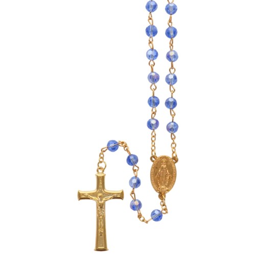Chapelet chaîne dorée, grains facettés semi-cristal 7 mm, croix avec Christ, 35 cm au cœur..