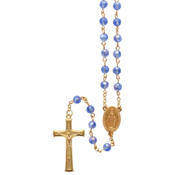 Chapelet chaîne dorée, grains facettés semi-cristal 7 mm, croix avec Christ, 35 cm au cœur..