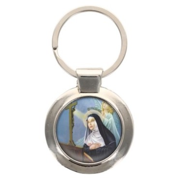 Porte-clés en métal couleur argenté de forme ronde Ø 3.8 cm. Livré en boite cadeaux. Existe avec différents Saints