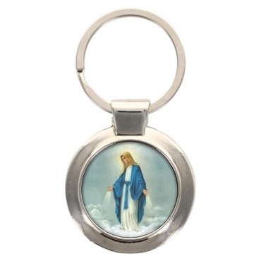 Porte-clés en métal couleur argenté de forme ronde Ø 3.8 cm. Livré en boite cadeaux. Existe avec différents Saints