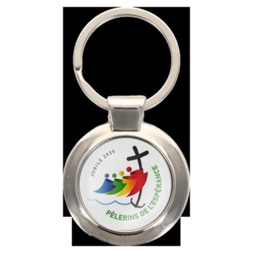 Porte-clés en métal couleur argenté de forme ronde Ø 3.8 cm. Livré en boite cadeaux. Existe avec différents Saints