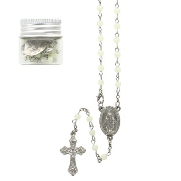 Chapelet fluorescent Ø 4 mm, longueur au cœur 26 cm, chaîne et croix avec Christ, présenté dans un flacon..