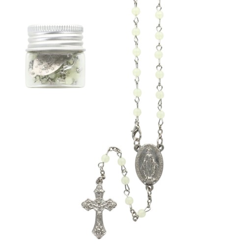 Chapelet fluorescent Ø 4 mm, longueur au cœur 26 cm, chaîne et croix avec Christ, présenté dans un flacon..