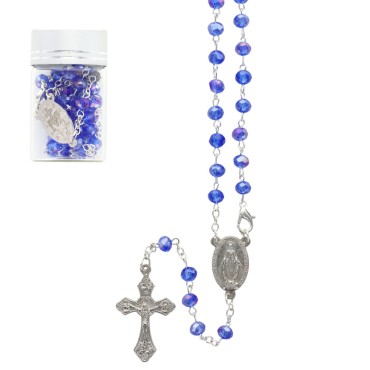 Chapelet en grains semi-cristal Ø 4 mm, chaîne avec croix et Christ, présenté dans un flacon en verre..