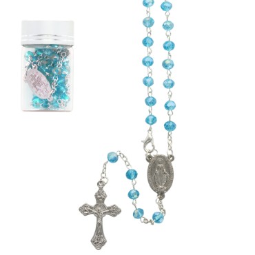 Chapelet en grains semi-cristal Ø 4 mm, chaîne avec croix et Christ, présenté dans un flacon en verre..