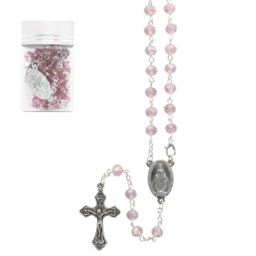 Chapelet en grains semi-cristal Ø 4 mm, chaîne avec croix et Christ, présenté dans un flacon en verre..