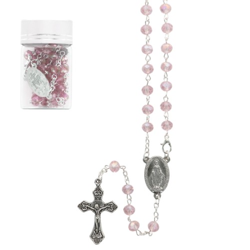 Chapelet en grains semi-cristal Ø 4 mm, chaîne avec croix et Christ, présenté dans un flacon en verre..
