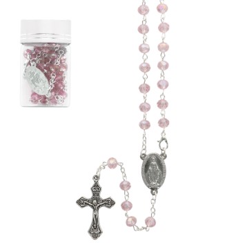 Chapelet en grains semi-cristal Ø 4 mm, chaîne avec croix et Christ, présenté dans un flacon en verre..