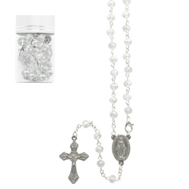 Chapelet en grains semi-cristal Ø 4 mm, chaîne avec croix et Christ, présenté dans un flacon en verre..