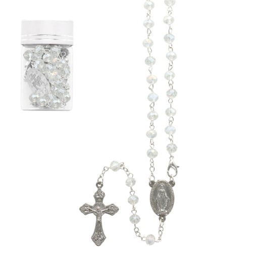 Chapelet en grains semi-cristal Ø 4 mm, chaîne avec croix et Christ, présenté dans un flacon en verre..