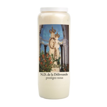 Bougie de neuvaine durée 9 jours 100% végétal avec autocollant classique et prière, hauteur 18 cm Ø 6,5 cm.