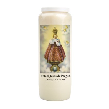Bougie de neuvaine durée 9 jours 100% végétal avec autocollant classique et prière, hauteur 18 cm Ø 6,5 cm.