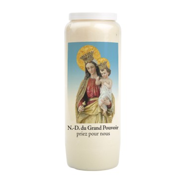 Bougie de neuvaine durée 9 jours 100% végétal avec autocollant classique et prière, hauteur 18 cm Ø 6,5 cm.