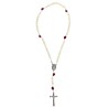 Chapelet corde avec fermoir, grains nacre 7 mm, pater rose céramique, croix métal avec Christ, 21 cm au cœur..