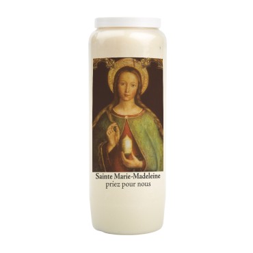 Bougie de neuvaine durée 9 jours 100% végétal avec autocollant classique et prière, hauteur 18 cm Ø 6,5 cm.