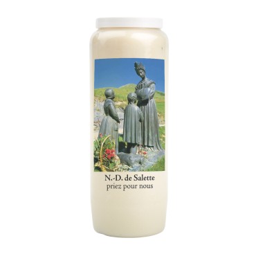 Bougie de neuvaine durée 9 jours 100% végétal avec autocollant classique et prière, hauteur 18 cm Ø 6,5 cm.