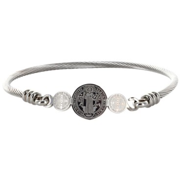 Bracelet rigide en acier inoxydable argenté avec médaille de St Benoit