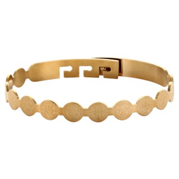 Bracelet de St Benoit réglable en acier inoxydable dorée Ø 7 mm .