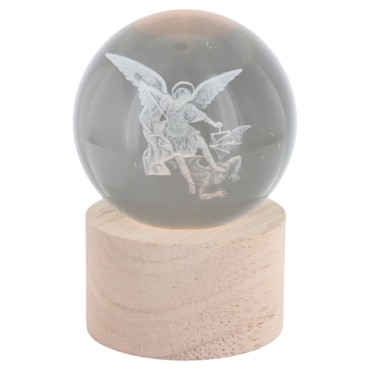 Boule sur socle en bois avec image de saint gravée au laser et lumière LED - H 8.5 cm
