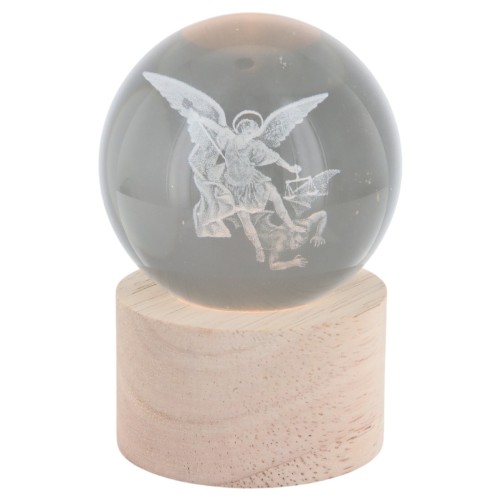 Boule sur socle en bois avec image de saint gravée au laser et lumière LED - H 8.5 cm